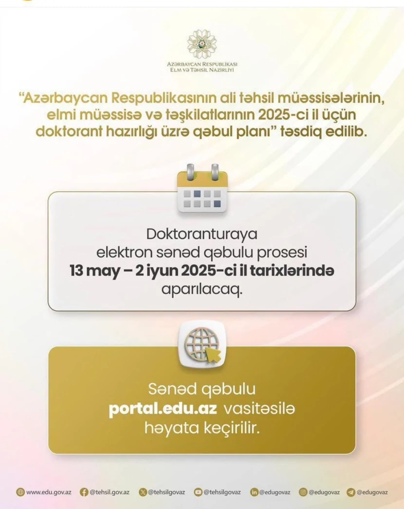 Doktorantura səviyyəsi üzrə elektron sənəd qəbuluna başlanıldı