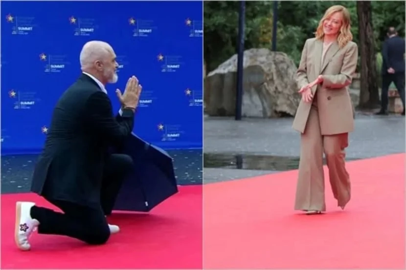 Albaniya baş naziri Meloninin qarşısında diz çökdü - Video