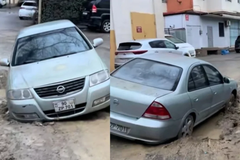 Maşın dövlət qurumunun qazdığı ÇUXURA DÜŞÜB- GÖRÜNTÜLƏR